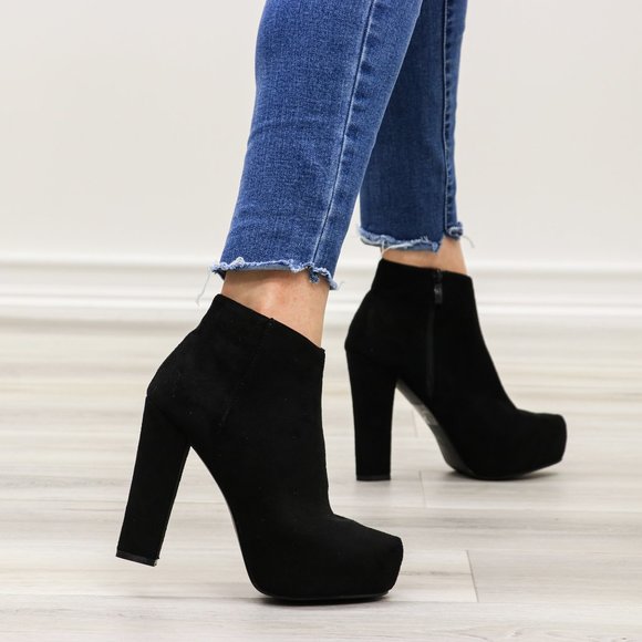 Platform Black Suede Ankle Heeled Booties - Picture 12 of 12